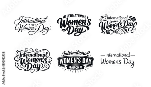 Diverse Lettering Styles. international women?s day set. Set lettering. harmonious lettering variations of the same emblematic concept, each with different