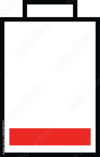Red battery with low charge indicator on white background power energy empty