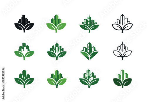 Sustainable Urban Gardening Logos. Sustainable gardening and urban green spaces. Icon set. Set Logo of sustainable gardening and urban green spaces: plant