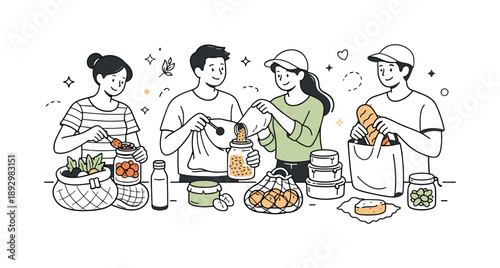 Sustainable Grocery Preparation. Reusable products lifestyle scene. Friends preparing groceries using reusable bags and containers, showing collaboration,
