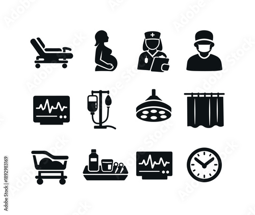 Maternity Ward Icons. Maternity ward. Solid icon set of maternity ward: labor bed, expectant mother, midwife, medical staff, fetal monitor, IV drip, surgical