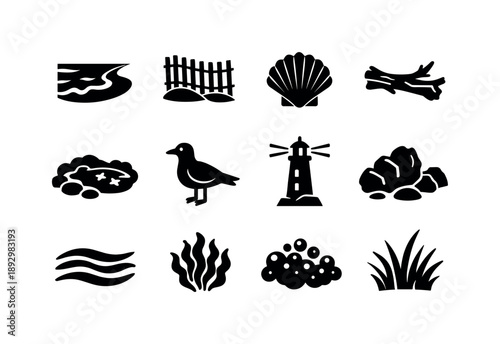 Seaside Environment Icons. Seaside environment. Solid icon set of seaside environment: shoreline, dune fence, seashell, driftwood, tide pool,