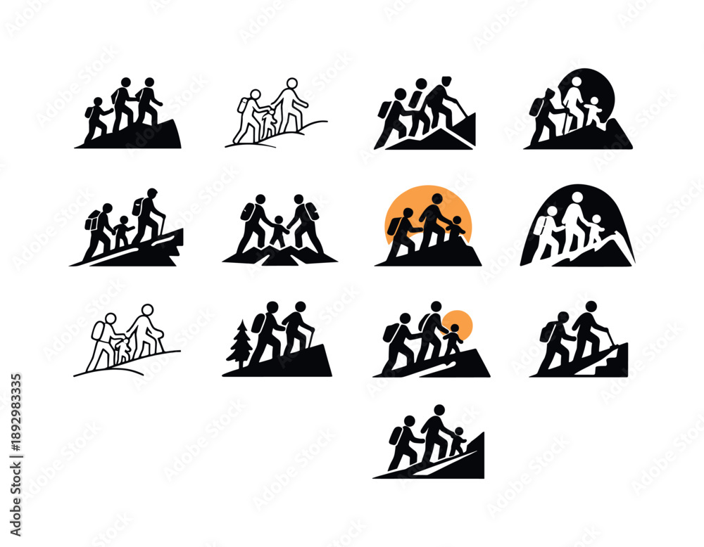 Fototapeta premium Family Hiking Icons. family hiking together. Icon set. Set Logo of family hiking together: parent guiding child uphill. harmonious logo variations of the same