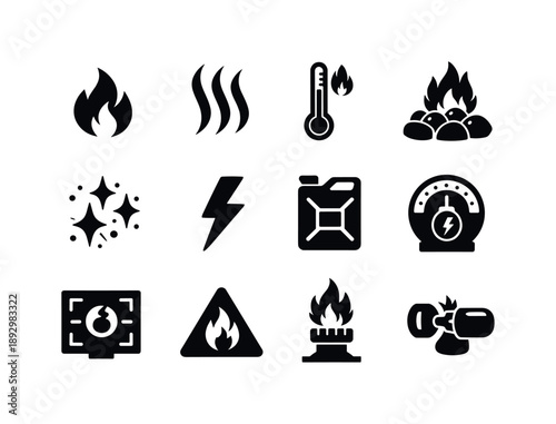 Fire Energy Icons. Fire Heat Energy. Solid icon set of Fire Heat Energy: flame symbol, heat waves, temperature gauge high, burning coal, fire sparks, energy