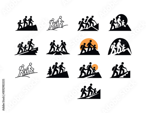 Family Hiking Icons. family hiking together. Icon set. Set Logo of family hiking together: parent guiding child uphill. harmonious logo variations of the same