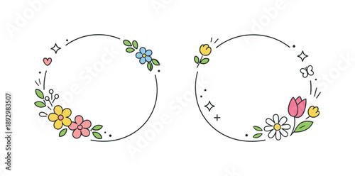 Spring Floral Wreath. Spring flower wreath design. Minimal rounded wreaths with delicate floral accents and abstract decorative shapes, creating a friendly