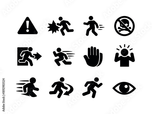Avoidance Icon Set. Avoidance Instinct. Solid icon set of Avoidance Instinct: alert icon, danger dodge, person stepping aside, reflex motion, blocked hazard,