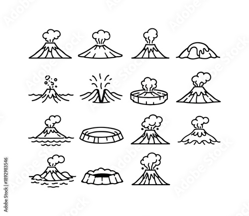 Volcano Icons Collection. Volcano Types. Line icon set of Volcano Types: stratovolcano, shield volcano, cinder cone, lava dome, submarine volcano, fissure