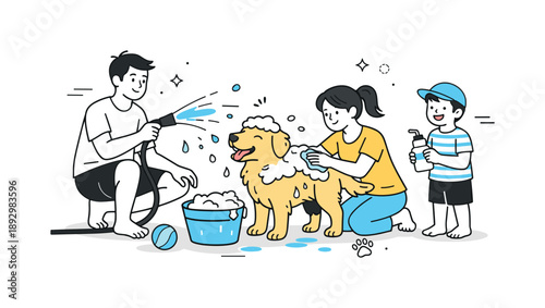 Family Dog Wash. Family washing dog outdoor. Family washing a dog outside with a hose and bucket. Fresh air, playful splashes, and relaxed family moment.