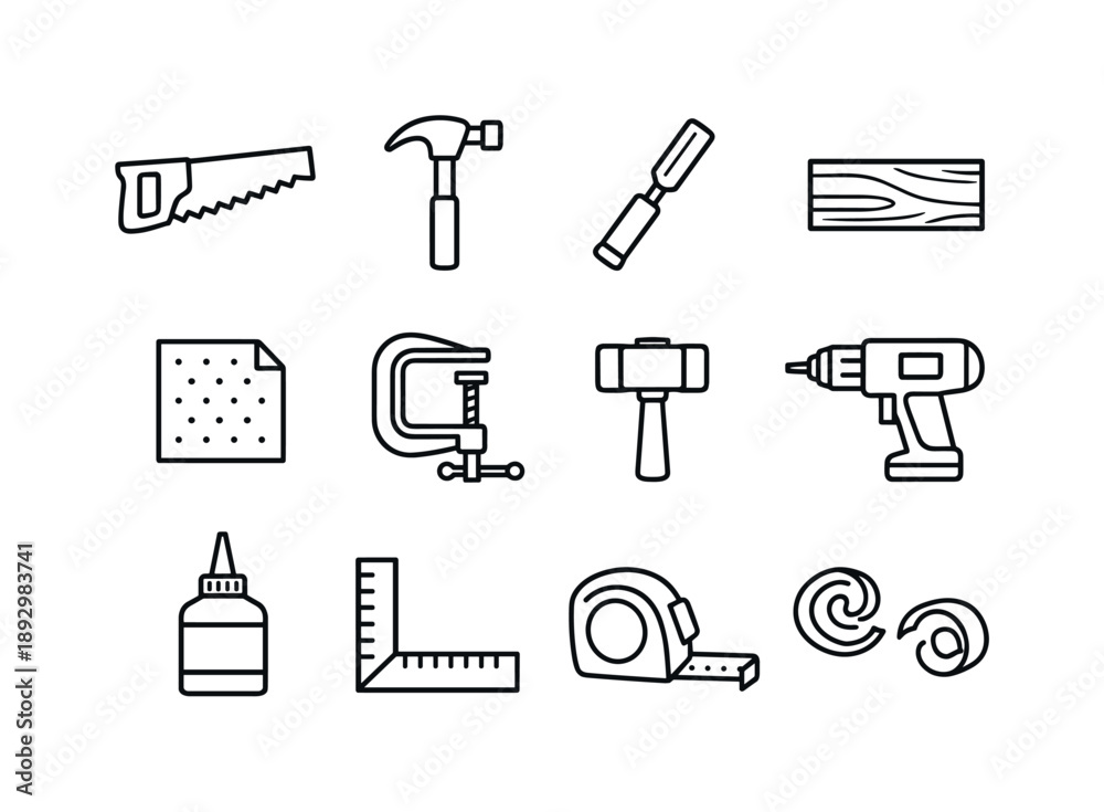 Fototapeta premium DIY Woodworking Icons. DIY woodworking. Line icon set of DIY woodworking: saw, hammer, chisel, wood plank, sandpaper, clamp, mallet, drill, wood glue bottle,
