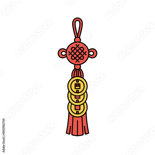 Red chinese tassel with coins isolated on white background concept of luck wealth and feng shui decoration