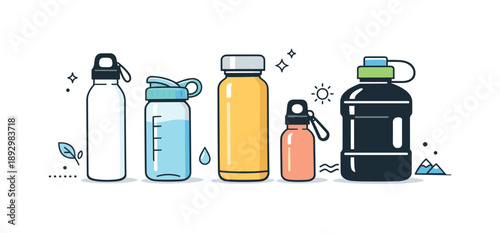 Eco Bottle Collection. Sustainable water bottle collection. Several reusable bottles of different sizes arranged neatly in a row. Variety and choice, modern