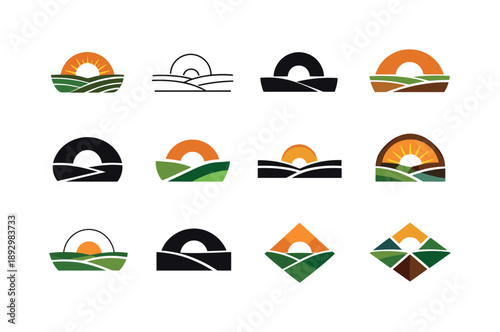 Lowland Logo Variations. Lowland. Icon set. Set Logo of Lowland: low horizon sun over plains. harmonious logo variations of the same emblematic concept, each