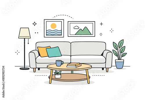 Modern Minimalist Living Room. Living room interior scene. A stylish sofa, coffee table, lamp, and framed pictures arranged in harmony. Comfortable everyday