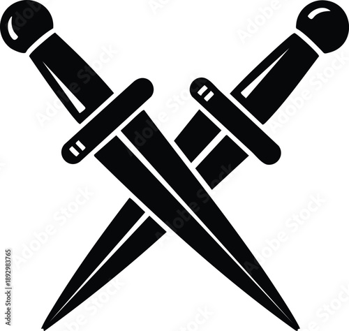 Two black crossed medieval daggers with round pommels sword