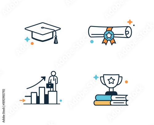 Academic Success Icons. University and career icons. A refined icon set showing graduation, diploma, career growth, and academic achievement,