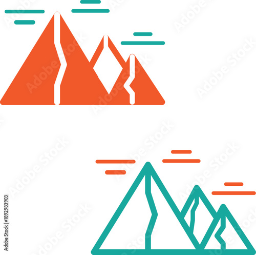 Two stylized mountain ranges with horizontal lines in orange and teal peak summit