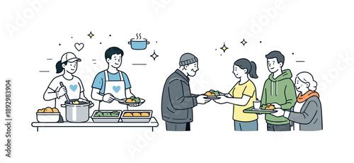 Shelter Meal Service. Volunteering at shelter meal service. Volunteers serving food to people in need, gentle interaction and respectful distance. Compassion,