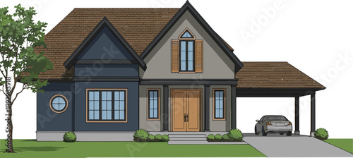 Gray and blue house with brown roof and carport residential home building architecture