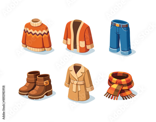 Autumn Outfit Icons. AutumnWear. Isometric flat vector icons set of autumn wear: knitted sweater, cardigan, jeans, ankle boots, light coat, plaid scarf.