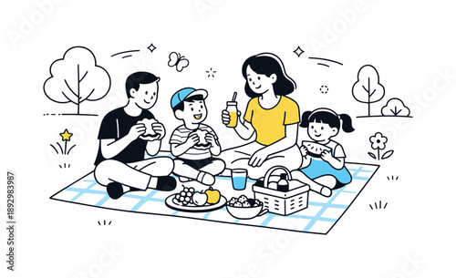 Family Picnic Bliss. Family picnic overview. A calm editorial scene showing a family sitting on a blanket in a park, enjoying sandwiches, fruits, and drinks