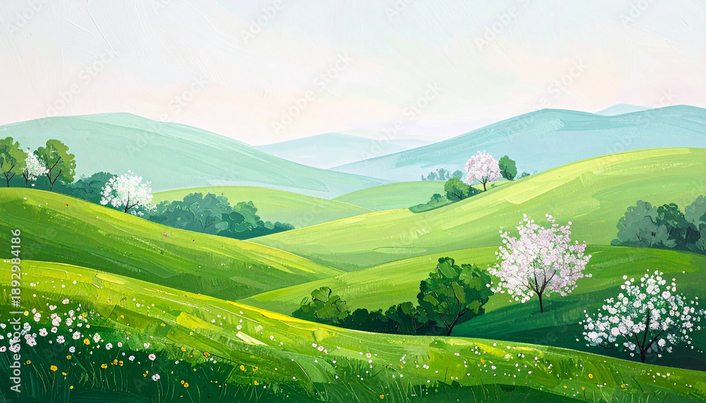 Fototapeta premium Fairytale-inspired spring countryside oil painting, hand-drawn cartoon acrylic texture, rolling green hills