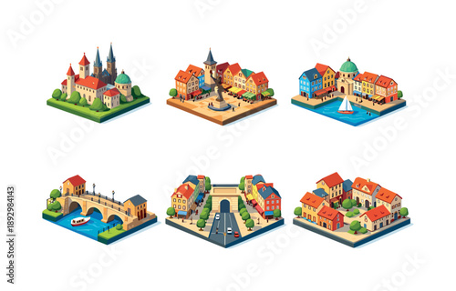 Cultural City Icons Grid. Cultural city tourism. Isometric flat vector icons set of Cultural city tourism: historic city skyline, old town square, cultural