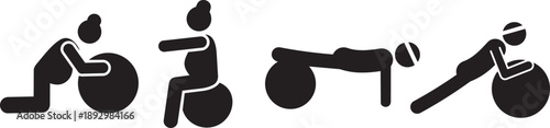 Exercise Ball Workout: A comprehensive set of workout illustrations showcasing different exercise routines and positions using an exercise ball.