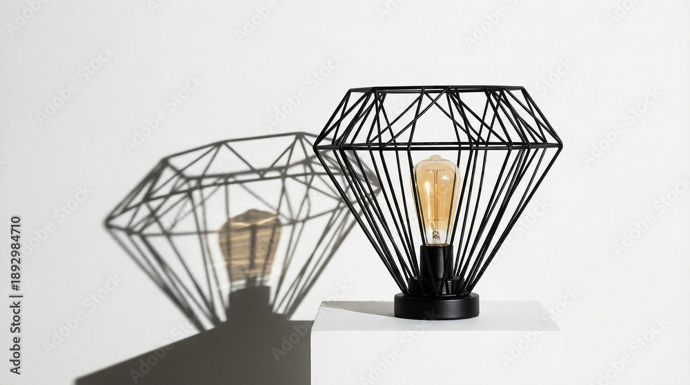 Fototapeta premium Black geometric diamond-shaped lamp casting shadow on white background 