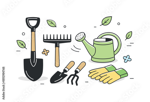 Essential Gardening Tools. Gardening tools overview. A clean editorial scene showing essential gardening tools like a shovel, rake, watering can, and gloves