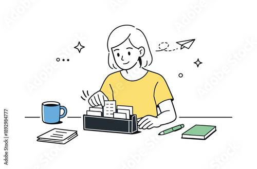 Organized Receipt Holder. Receipt holder organization. A simple desk scene with a person placing paper receipts into a slim holder, keeping documents tidy.