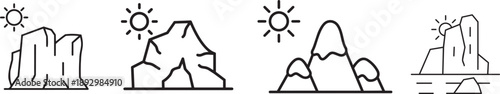 Mountain Range Icons: Captivating line art icons showcase various mountain ranges, under a bright sun, symbolizing the power and grandeur of nature's formations. 