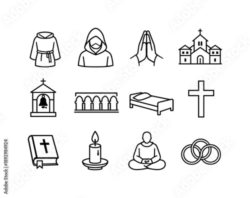 Monastic Life Icons. Monastic Life. Line icon set of Monastic Life: monk robe, hooded monk, prayer hands, monastery building, bell tower, cloister walkway,
