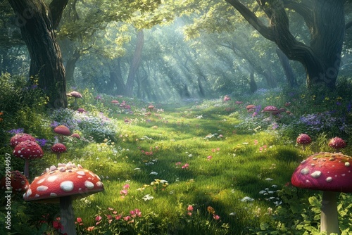Magical forest with vibrant mushrooms and sunlight filtering through the trees