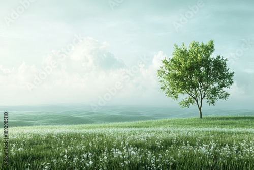 Lush green field with solitary tree under a cloudy sky at dawn