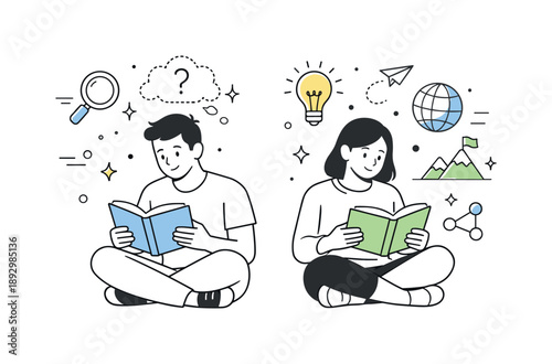 Reflective Reading Moment. Non-fiction reflection time. A scene of two people sitting quietly with nonfiction books in hand, abstract thought bubbles or icons