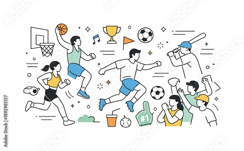 Vibrant Sports Experience. Sports event lifestyle concept. An abstract editorial composition combining athletes, equipment, and spectators to represent the