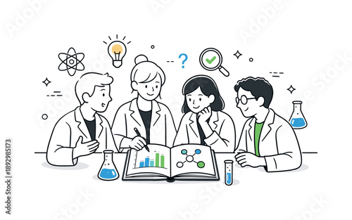 Collaborative Science Discussion. Science lab group discussion. Students discussing results around a notebook with charts and symbols. Analytical thinking and