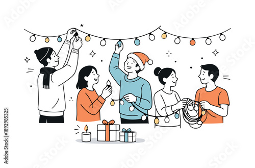 Festive Light Hanging. Festive decorating moment. People reaching up to hang lights, sharing smiles and small tasks. Seasonal warmth and togetherness expressed