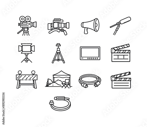On-Location Filming Icons. On-location filming. Line icon set of On-location filming: cinema camera, shoulder rig, director megaphone, boom mic pole, lighting