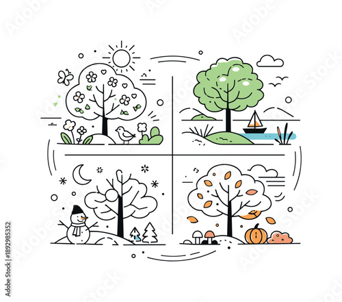 Four Seasons Harmony. Four seasons in harmony. Abstract trees and nature elements changing leaves, light and weather across seasons in a unified composition.