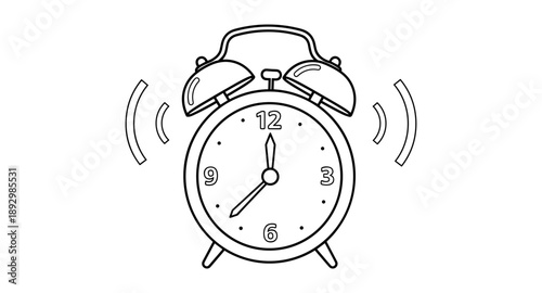 Classic alarm clock ringing with sound waves depicted in a simple line art style