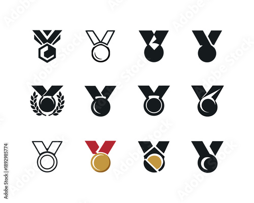 Winning Medals Icon Set. winning. Icon set. Set Logo of winning: medal with ribbon. harmonious logo variations of the same emblematic concept, each with