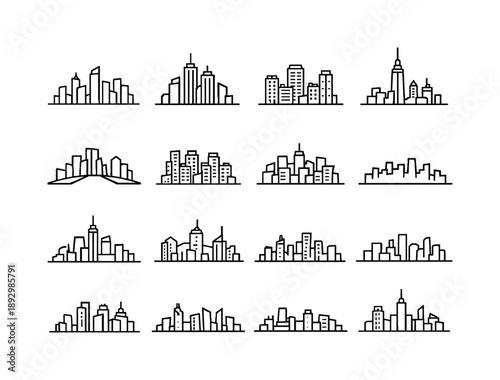 City Skyline Icons. City Skyline Architecture. Line icon set of City Skyline Architecture: urban skyline silhouette, downtown skyscrapers, residential high
