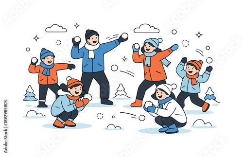 Playful Snowball Fun. Snowball fight. Kids and adults playfully throwing snowballs at each other in a winter setting. Lighthearted fun, laughter and active