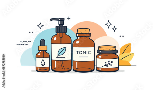 Elegant Apothecary Bottles. Natural glass packaging. A collection of amber apothecary bottles with minimal labels and cork or pump tops, neatly grouped with