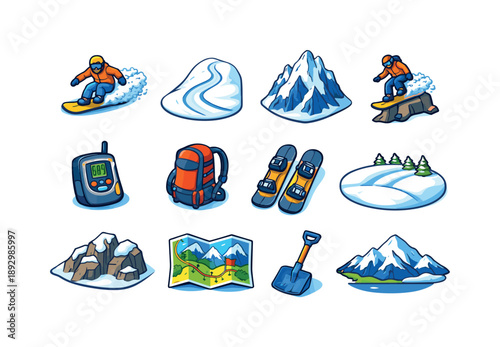 Freeride Snowboarding Icons. Freeride snowboarding. Colorful isometric vector icons set of Freeride snowboarding: off-piste snowboarder, deep powder trail,
