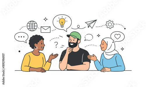 Diverse Dialogue Connection. Peaceful social interaction. Individuals from different backgrounds connecting through dialogue, simple expressions and thoughtful