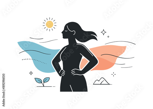 Resilient Female Silhouette. Resilience and Inner Strength. Minimal editorial illustration with a calm female silhouette holding steady against abstract