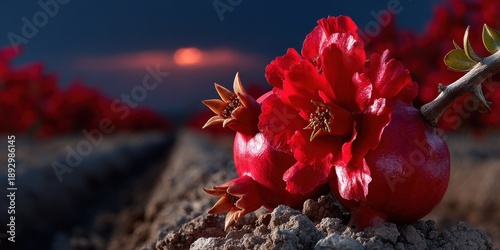 Pomegranate fruit with red blossoms at sunset landscape